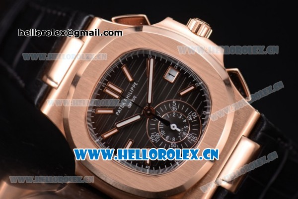Patek Philippe Nautilus Clone PP 315 Automatic Rose Gold Case with Black Dial Arabic Numeral Markers and Black Leather Strap (BP) - Click Image to Close